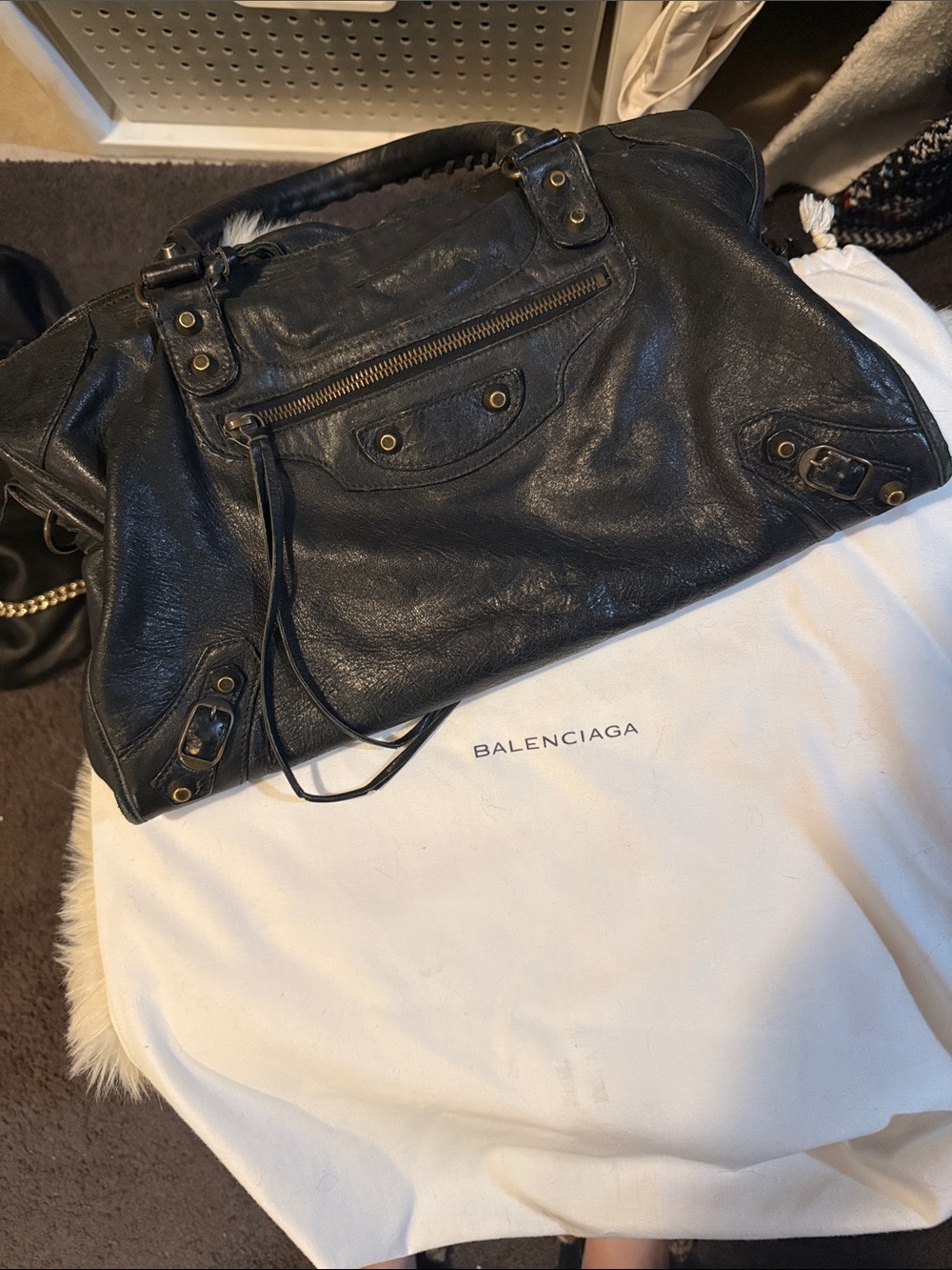 Vintage Balenciaga Black Leather Shoulder City Bag